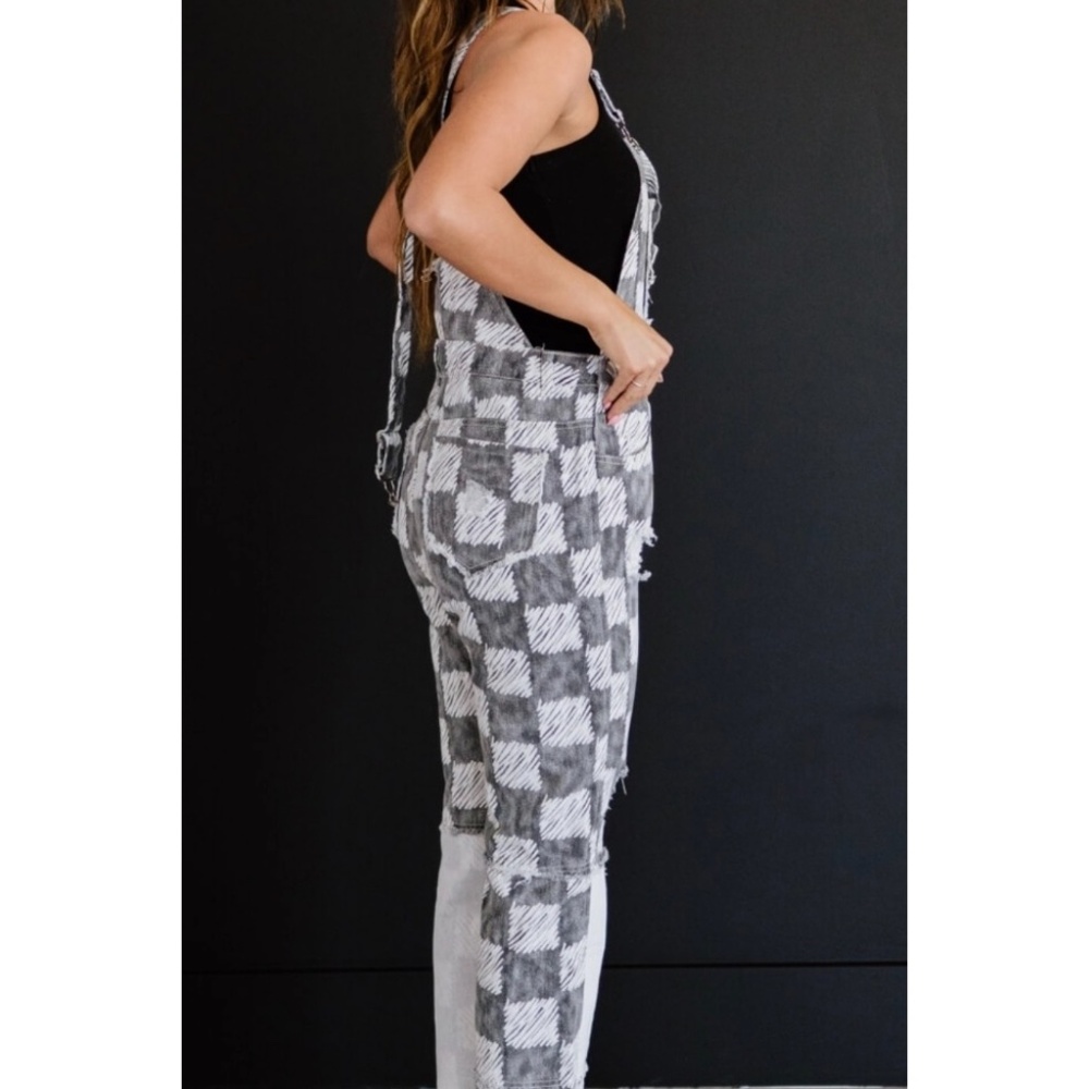 POL Black & White Distressed Patchwork Checker Pattern Overalls - Picture 7 of 9